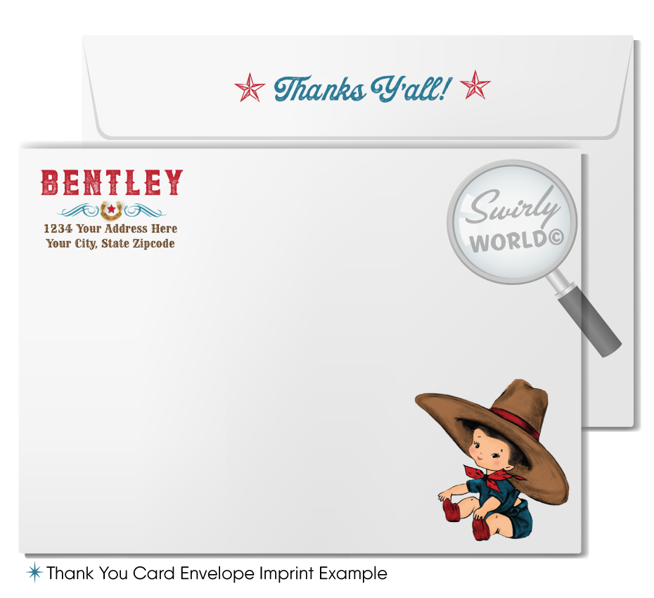 Throw a yee-haw-worthy baby shower with Swirly World's Retro 1950s Cowboy Theme Invitation Set! Features a baby cowboy, western fonts, and classic bandana patterns in red, blue, and brown. Edit easily with Corjl. Perfect for a vintage-inspired, cowboy-themed celebration for your little boy.