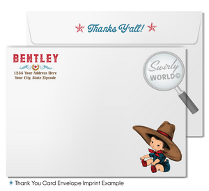 Throw a yee-haw-worthy baby shower with Swirly World's Retro 1950s Cowboy Theme Invitation Set! Features a baby cowboy, western fonts, and classic bandana patterns in red, blue, and brown. Edit easily with Corjl. Perfect for a vintage-inspired, cowboy-themed celebration for your little boy.