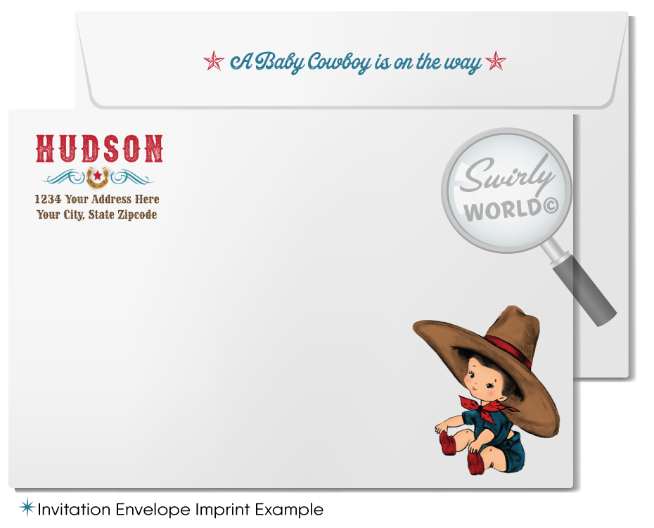 Throw a yee-haw-worthy baby shower with Swirly World's Retro 1950s Cowboy Theme Invitation Set! Features a baby cowboy, western fonts, and classic bandana patterns in red, blue, and brown. Edit easily with Corjl. Perfect for a vintage-inspired, cowboy-themed celebration for your little boy.