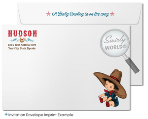 Throw a yee-haw-worthy baby shower with Swirly World's Retro 1950s Cowboy Theme Invitation Set! Features a baby cowboy, western fonts, and classic bandana patterns in red, blue, and brown. Edit easily with Corjl. Perfect for a vintage-inspired, cowboy-themed celebration for your little boy.