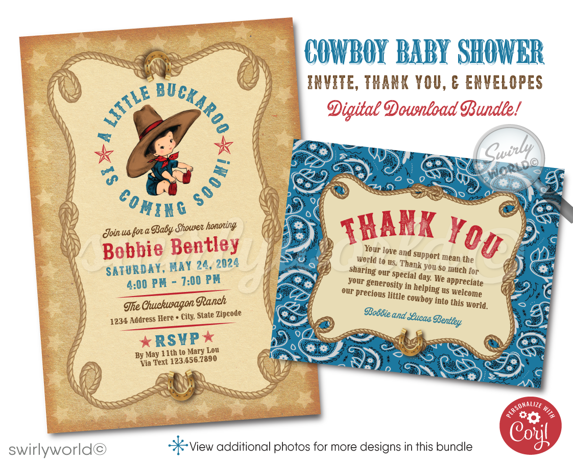 Throw a yee-haw-worthy baby shower with Swirly World's Retro 1950s Cowboy Theme Invitation Set! Features a baby cowboy, western fonts, and classic bandana patterns in red, blue, and brown. Edit easily with Corjl. Perfect for a vintage-inspired, cowboy-themed celebration for your little boy.