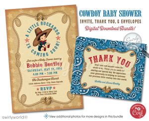 Throw a yee-haw-worthy baby shower with Swirly World's Retro 1950s Cowboy Theme Invitation Set! Features a baby cowboy, western fonts, and classic bandana patterns in red, blue, and brown. Edit easily with Corjl. Perfect for a vintage-inspired, cowboy-themed celebration for your little boy.