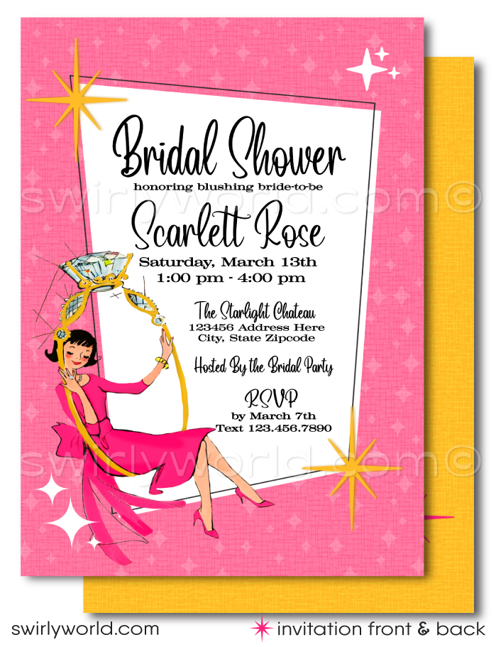 Retro Mid-Century Vintage Pink & Yellow Pin-Up Girl Swinging from Engagement Ring Bridal Shower Printed Invitations