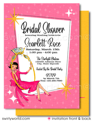 Dive into the vibrant world of the 1960s with our Retro 60s Vintage Style Bridal Shower Design Set, perfectly capturing the spirit of an era defined by bold colors and groundbreaking design. This exclusive collection features a beguiling mod bride, whimsically swinging inside a large, vintage mid-century style engagement ring, set against a backdrop of retro pink and sunny yellow hues. 