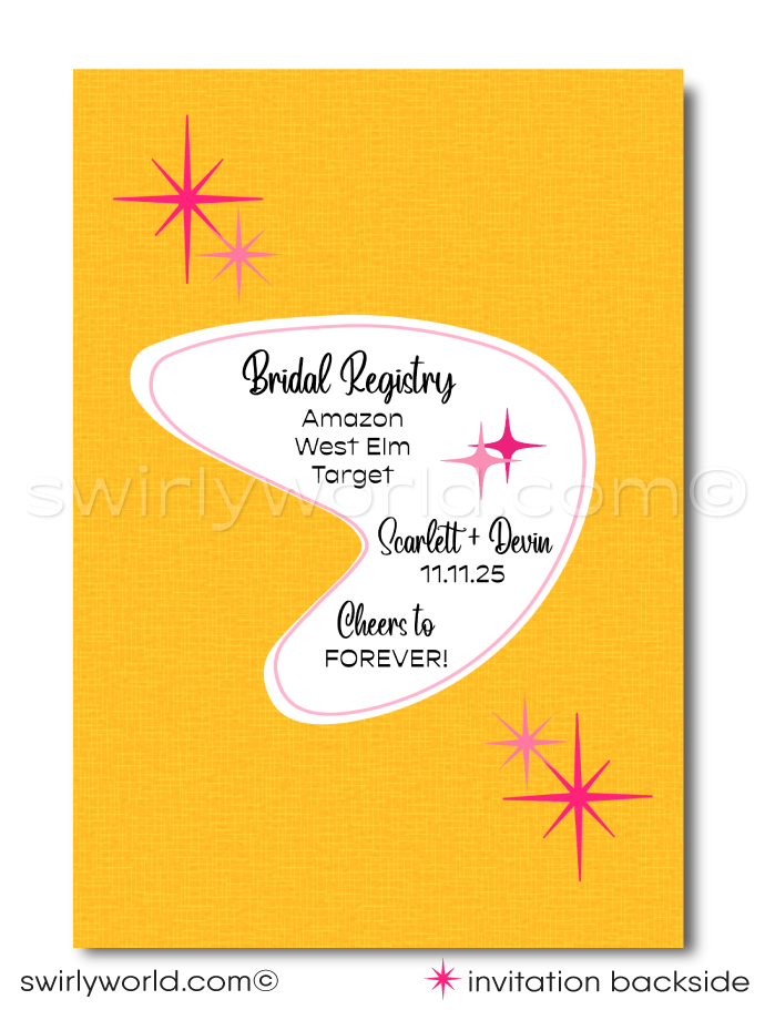 Retro Mid-Century Vintage Pink & Yellow Pin-Up Girl Swinging from Engagement Ring Bridal Shower Digital Invitations