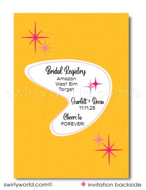 Retro Mid-Century Vintage Pink & Yellow Pin-Up Girl Swinging from Engagement Ring Bridal Shower Digital Invitations