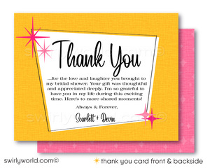 Retro Mid-Century Vintage Pink & Yellow Pin-Up Girl Swinging from Engagement Ring Bridal Shower Digital Invitations