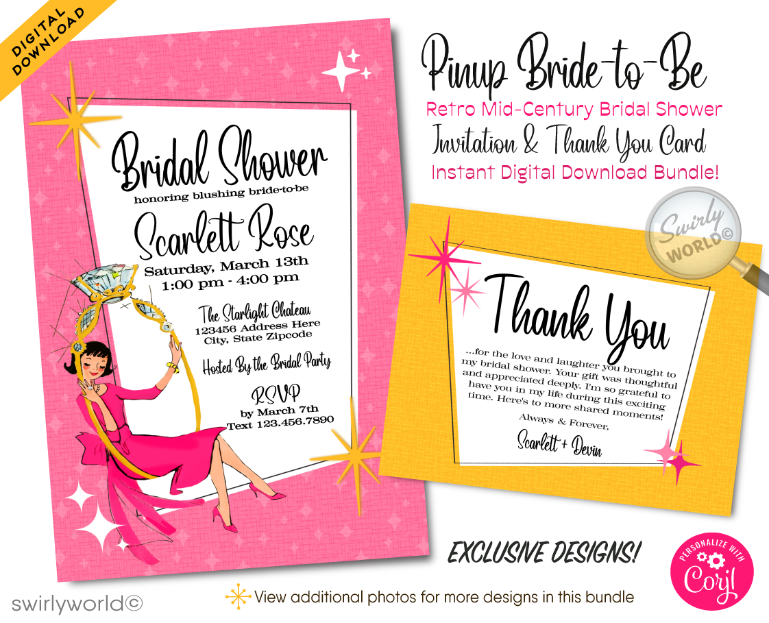 Dive into the vibrant world of the 1960s with our Retro 60s Vintage Style Bridal Shower Design Set, perfectly capturing the spirit of an era defined by bold colors and groundbreaking design. This exclusive collection features a beguiling mod bride, whimsically swinging inside a large, vintage mid-century style engagement ring, set against a backdrop of retro pink and sunny yellow hues. 