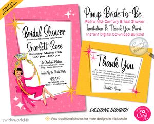 Dive into the vibrant world of the 1960s with our Retro 60s Vintage Style Bridal Shower Design Set, perfectly capturing the spirit of an era defined by bold colors and groundbreaking design. This exclusive collection features a beguiling mod bride, whimsically swinging inside a large, vintage mid-century style engagement ring, set against a backdrop of retro pink and sunny yellow hues. 