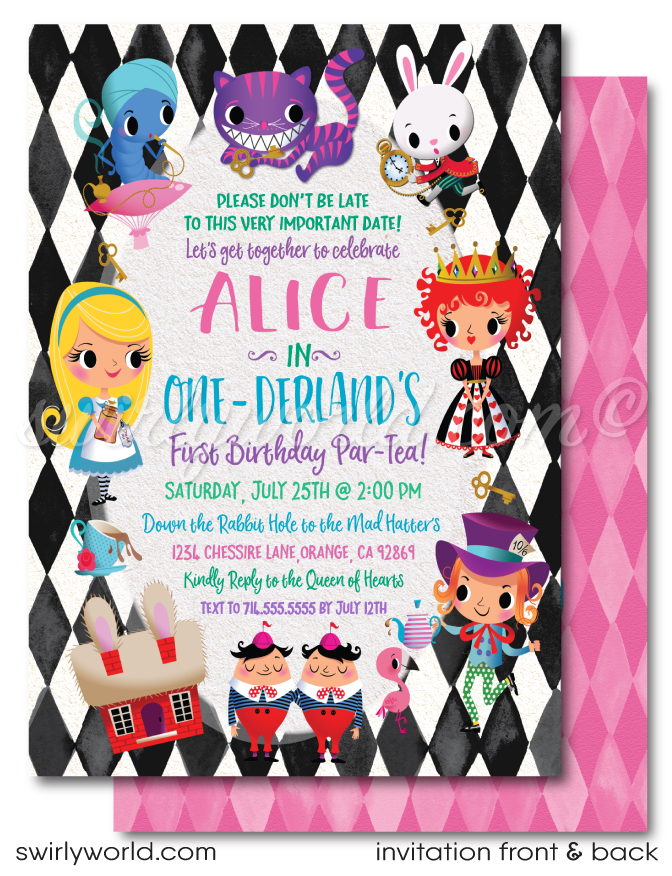 Alice In Wonderland Invitations Personalized with Envelopes, 5 x 7 inc