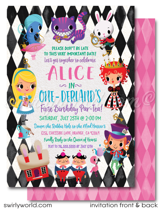 vintage retro shabby chic Alice in Onederland Wonderland mad hatter's tea party 1st first birthday invitations