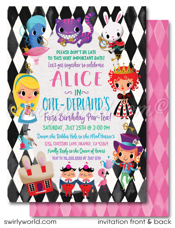 vintage retro shabby chic Alice in Onederland Wonderland mad hatter's tea party 1st first birthday invitations