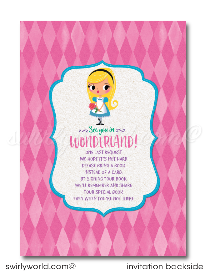 Alice in Onederland Wonderland Girl's 1st First Birthday Mad Hatter's Tea Party Book Request Card  Set