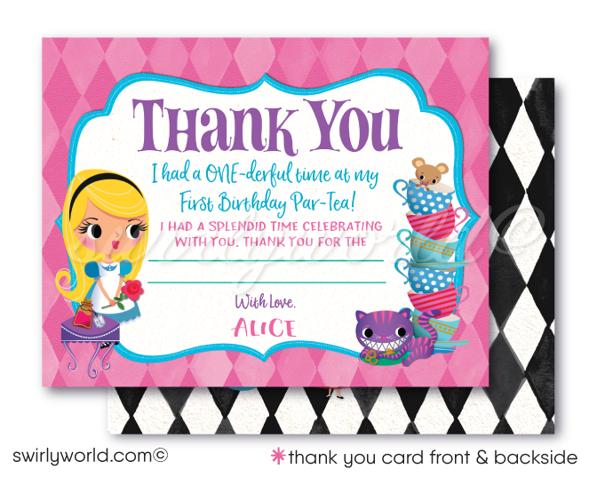 Alice in Onederland Wonderland Girl's 1st First Birthday Mad Hatter's Tea Party Invitation thank you card Set