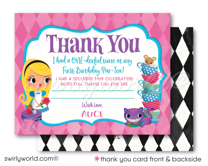 Step into a whimsical world with Swirly World's "Alice in ONEderland" 1st Birthday Invites and Thank You Cards! 🎩🌸 Perfect for a Mad Hatter's Tea Party, this printed invitation set features vintage-inspired designs, capturing the charm of Alice's adventures. Customize easily for a magical and memorable celebration!