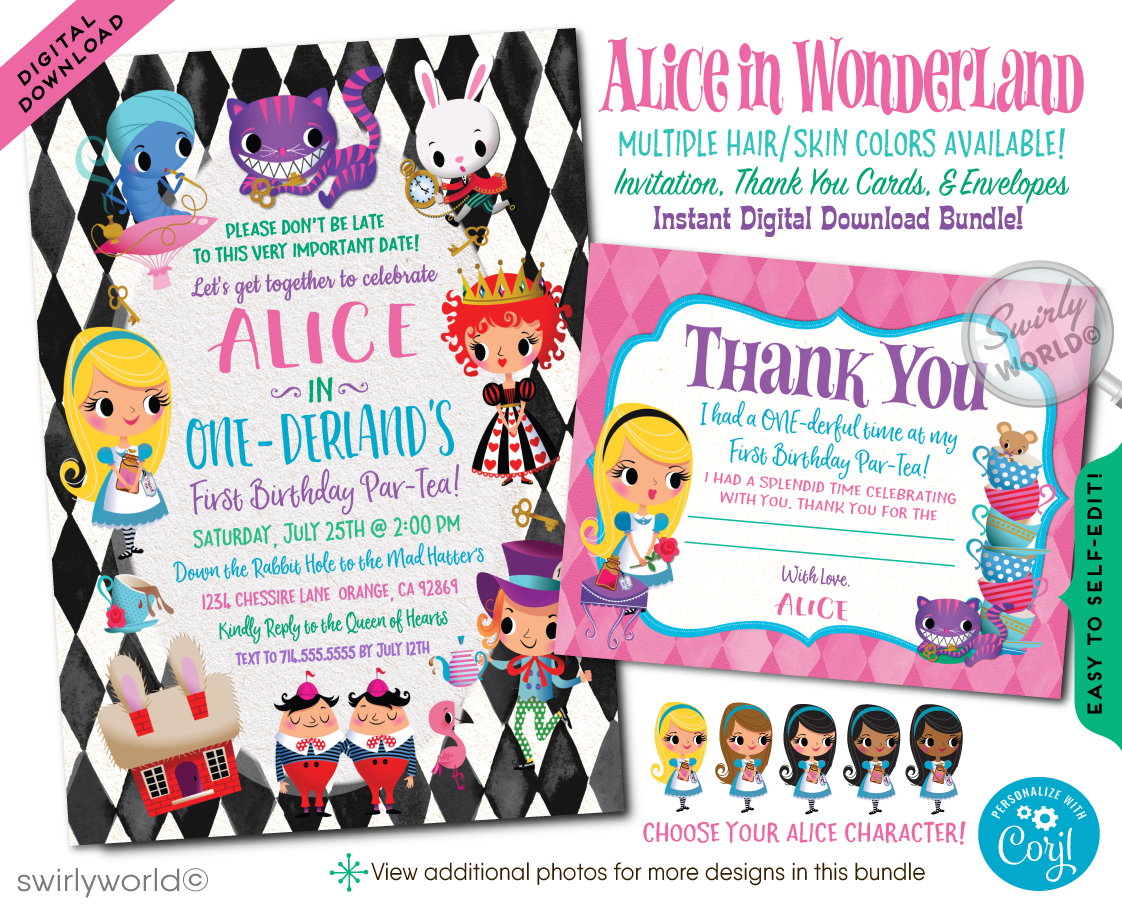  Dolimifa Alice in Wonderland 1st Birthday Invitations