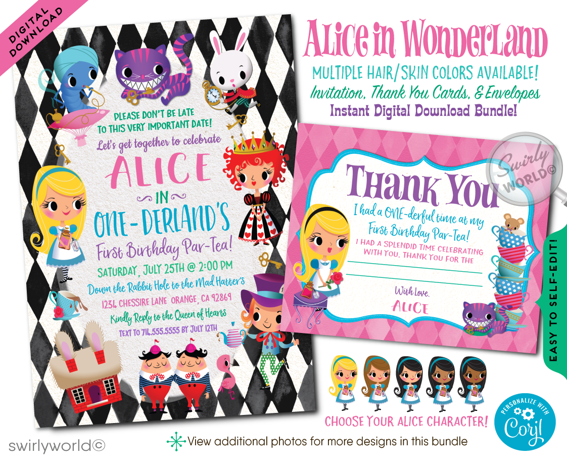 Step into a whimsical world with Swirly World's "Alice in ONEderland" 1st Birthday Invites and Thank You Cards! 🎩🌸 Perfect for a Mad Hatter's Tea Party, this digital download features vintage-inspired designs, capturing the charm of Alice's adventures. Customize easily for a magical and memorable celebration!