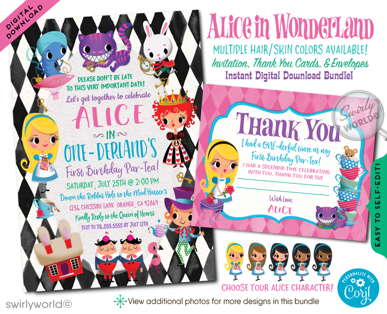 vintage retro shabby chic Alice in Onederland Wonderland mad hatter's tea party 1st first birthday invitations
