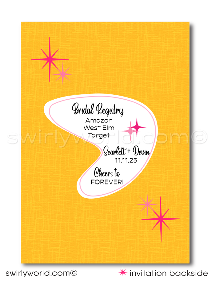 Retro Mid-Century Vintage Pink & Yellow Pin-Up Girl Swinging from Engagement Ring Bachelorette Party Digital Invitations