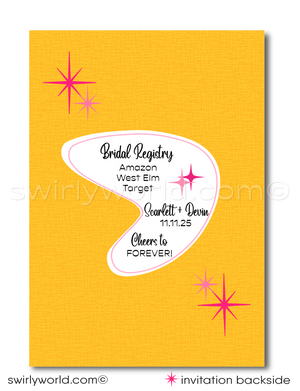 Retro Mid-Century Vintage Pink & Yellow Pin-Up Girl Swinging from Engagement Ring Bachelorette Party Digital Invitations