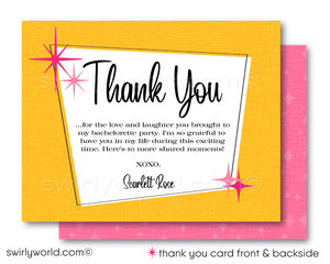 Retro Mid-Century Vintage Pink & Yellow Pin-Up Girl Swinging from Engagement Ring Bachelorette Party Digital Invitations