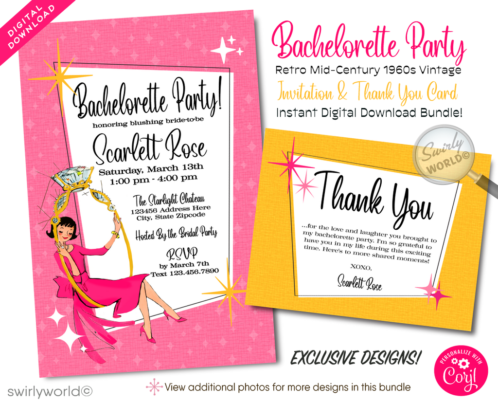 This exclusive pink and yellow 1960s style Bachelorette Party invitation features a beguiling mod bride, whimsically swinging inside a large, vintage mid-century style engagement ring, set against a backdrop of retro pink and sunny yellow hues.