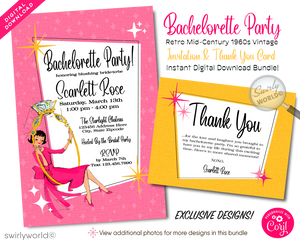 This exclusive pink and yellow 1960s style Bachelorette Party invitation features a beguiling mod bride, whimsically swinging inside a large, vintage mid-century style engagement ring, set against a backdrop of retro pink and sunny yellow hues.