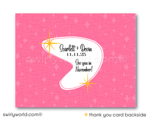 Retro Mid-Century Vintage Pink & Yellow Pin-Up Girl Swinging from Engagement Ring Bachelorette Party Digital Invitations