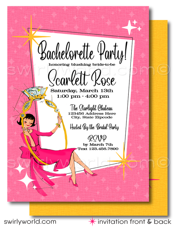 This exclusive pink and yellow 1960s style Bachelorette Party invitation features a beguiling mod bride, whimsically swinging inside a large, vintage mid-century style engagement ring, set against a backdrop of retro pink and sunny yellow hues.