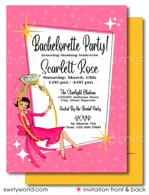 This exclusive pink and yellow 1960s style Bachelorette Party invitation features a beguiling mod bride, whimsically swinging inside a large, vintage mid-century style engagement ring, set against a backdrop of retro pink and sunny yellow hues.