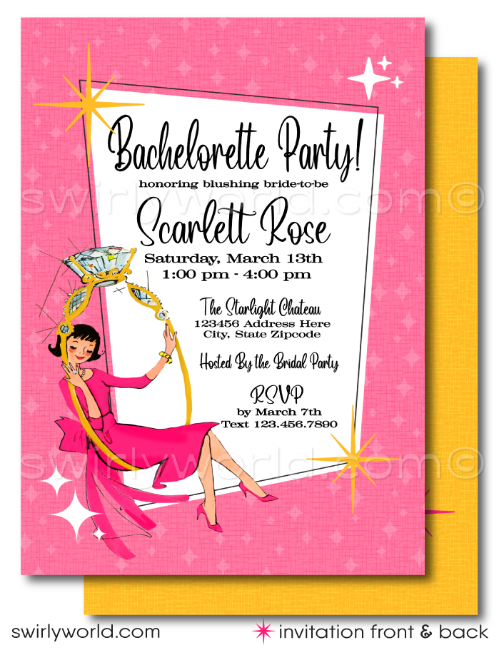 This exclusive pink and yellow 1960s style Bachelorette Party invitation features a beguiling mod bride, whimsically swinging inside a large, vintage mid-century style engagement ring, set against a backdrop of retro pink and sunny yellow hues.