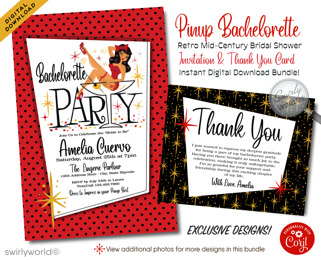 Step into the vibrant world of mid-century glamour with our Retro, Mid-Century Style Pin-up Girl Bachelorette Party Invitations and Thank You Cards—a collection that encapsulates the essence of 1950-1960s design. This unique and exclusive set is available as a digital download, offering a seamless blend of retro charm and modern convenience for your special celebration.
