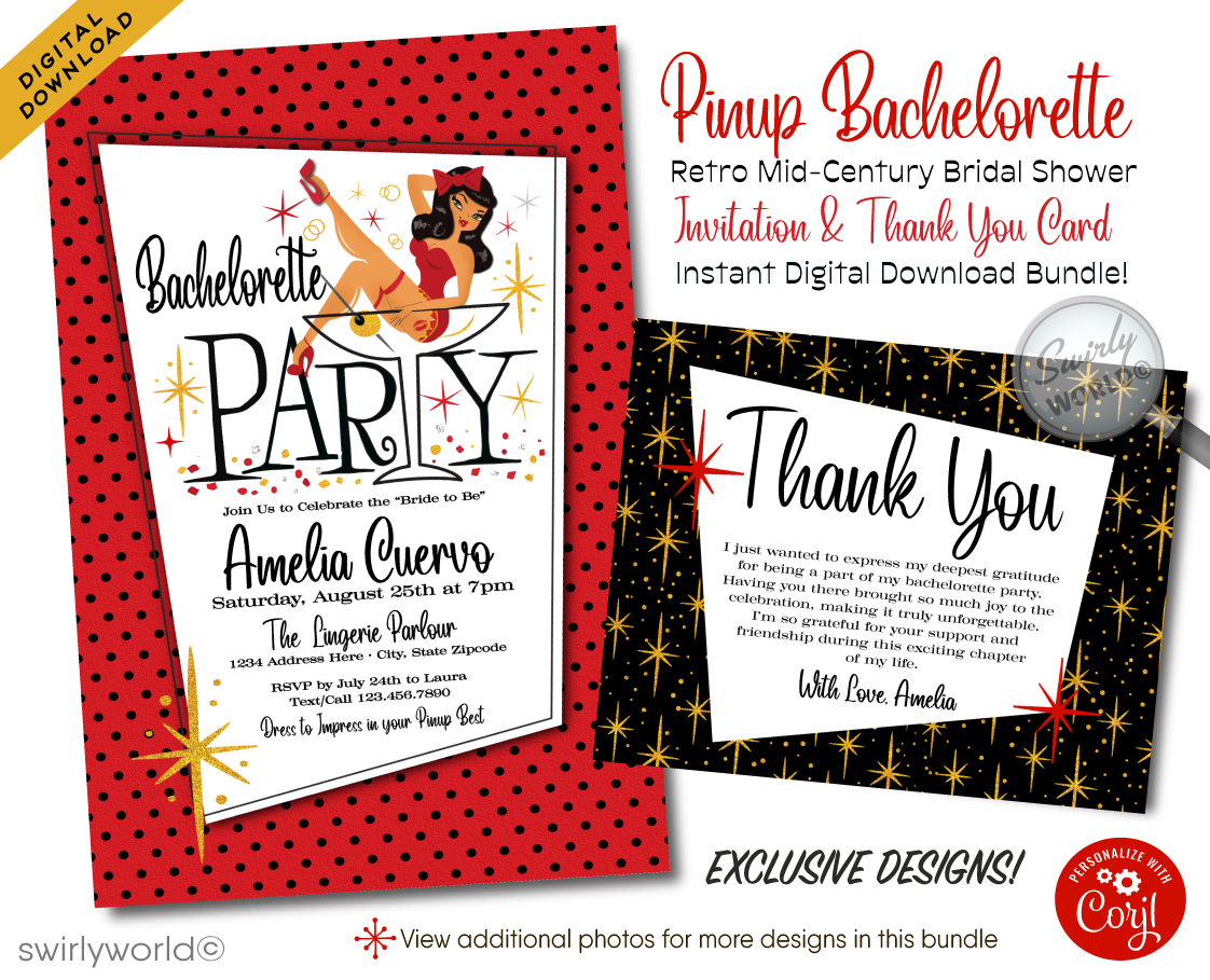 Step into the vibrant world of mid-century glamour with our Retro, Mid-Century Style Pin-up Girl Bachelorette Party Invitations and Thank You Cards—a collection that encapsulates the essence of 1950-1960s design. This unique and exclusive set is available as a digital download, offering a seamless blend of retro charm and modern convenience for your special celebration.