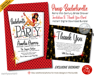 Step into the vibrant world of mid-century glamour with our Retro, Mid-Century Style Pin-up Girl Bachelorette Party Invitations and Thank You Cards—a collection that encapsulates the essence of 1950-1960s design. This unique and exclusive set is available as a digital download, offering a seamless blend of retro charm and modern convenience for your special celebration.