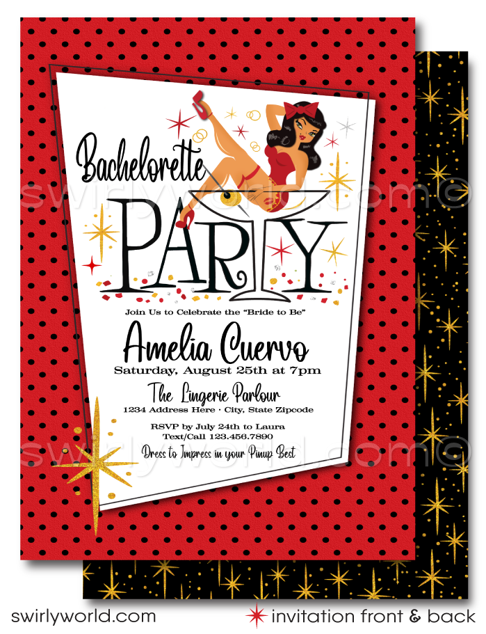 Step into the vibrant world of mid-century glamour with our Retro, Mid-Century Style Pin-up Girl Bachelorette Party Invitations and Thank You Cards—a collection that encapsulates the essence of 1950-1960s design. This unique and exclusive set is available as a digital download, offering a seamless blend of retro charm and modern convenience for your special celebration.