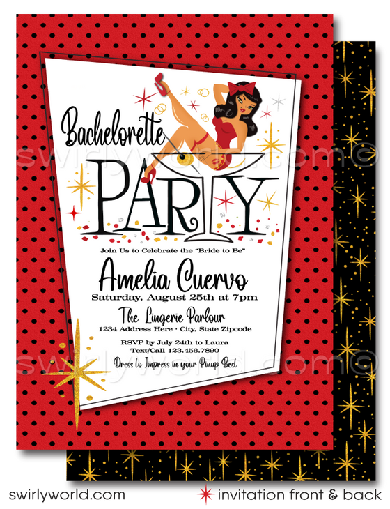 Step into the vibrant world of mid-century glamour with our Retro, Mid-Century Style Pin-up Girl Bachelorette Party Invitations and Thank You Cards—a collection that encapsulates the essence of 1950-1960s design. This unique and exclusive set is available as a digital download, offering a seamless blend of retro charm and modern convenience for your special celebration.