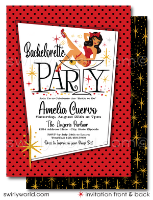1950's Retro Rockabilly Pinup Girl Martini Glass Bachelorette Party Invitations