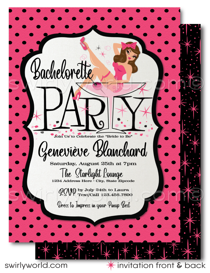 Retro Rockabilly Pink and Black Pinup Girl Bachelorette Party Invitati