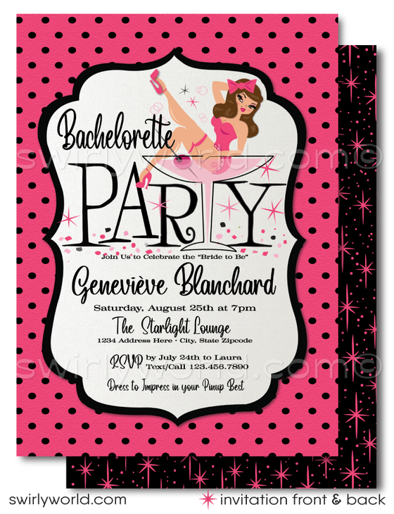 This Bachelorette party invitation features a captivating retro pin-up girl, gracefully perched in a martini glass, embodying the spirit of 1950's pin-up charm. Surrounded by retro atomic pink starbursts and complemented by mid-century modern style fonts, the design captures the essence of the era perfectly.