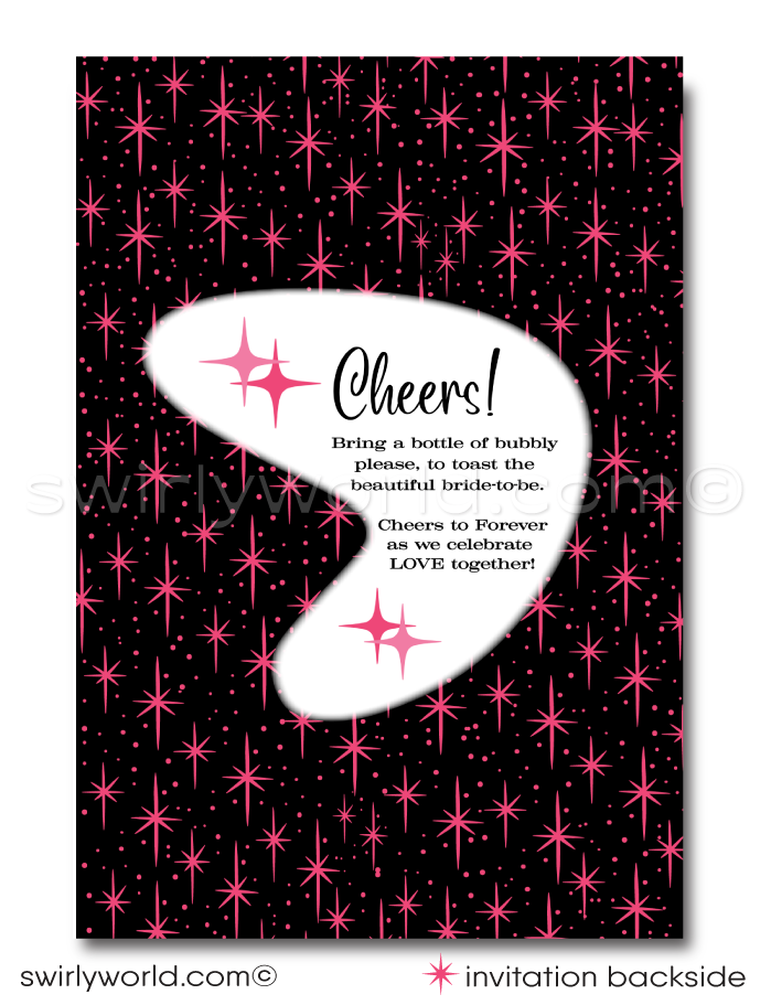 This pink and black Bachelorette party invitation features a captivating retro pin-up girl, gracefully perched in a martini glass, embodying the spirit of 1950's pin-up charm. Surrounded by retro atomic pink starbursts and complemented by mid-century modern style fonts, the design captures the essence of the era perfectly.