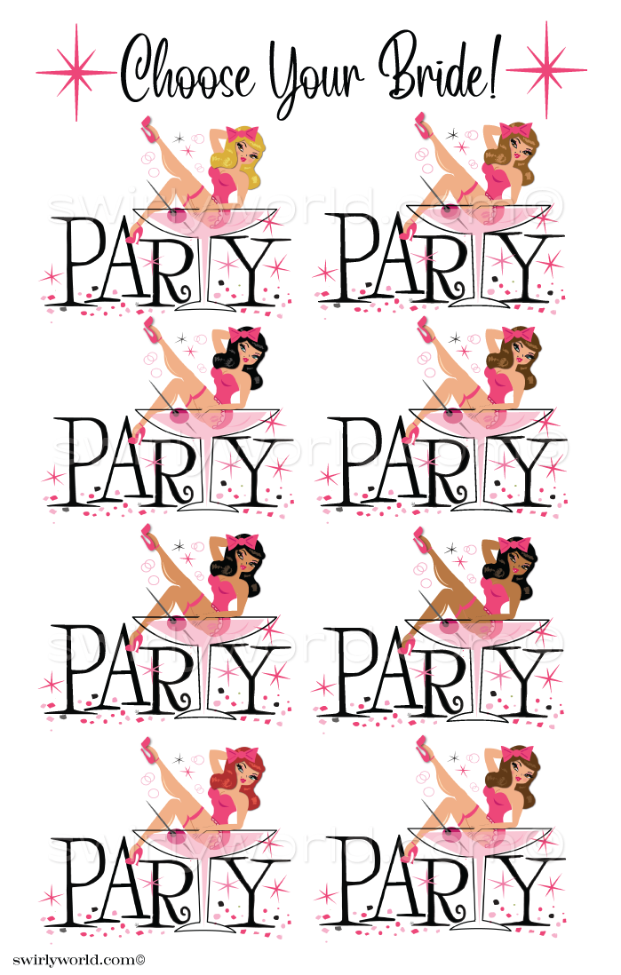 This Bachelorette party invitation features a captivating retro pin-up girl, gracefully perched in a martini glass, embodying the spirit of 1950's pin-up charm. Surrounded by retro atomic pink starbursts and complemented by mid-century modern style fonts, the design captures the essence of the era perfectly.