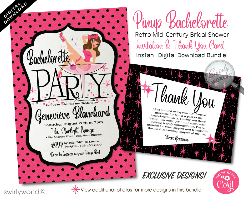 This pink and black Bachelorette party invitation features a captivating retro pin-up girl, gracefully perched in a martini glass, embodying the spirit of 1950's pin-up charm. Surrounded by retro atomic pink starbursts and complemented by mid-century modern style fonts, the design captures the essence of the era perfectly.