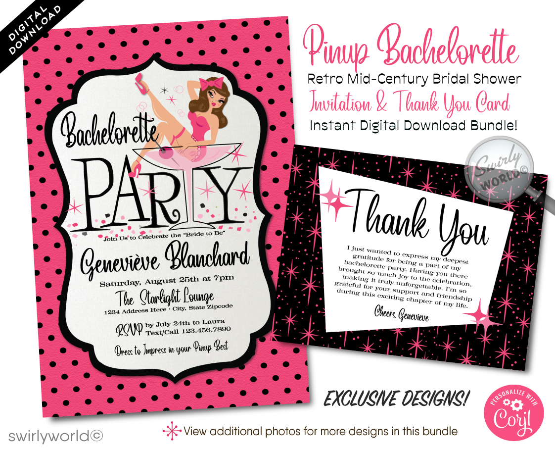 This pink and black Bachelorette party invitation features a captivating retro pin-up girl, gracefully perched in a martini glass, embodying the spirit of 1950's pin-up charm. Surrounded by retro atomic pink starbursts and complemented by mid-century modern style fonts, the design captures the essence of the era perfectly.