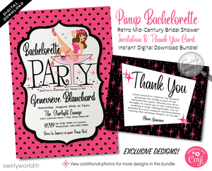 This pink and black Bachelorette party invitation features a captivating retro pin-up girl, gracefully perched in a martini glass, embodying the spirit of 1950's pin-up charm. Surrounded by retro atomic pink starbursts and complemented by mid-century modern style fonts, the design captures the essence of the era perfectly.