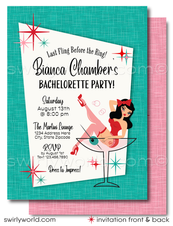 Step into the vibrant world of mid-century glamour with our Retro, Mid-Century Style Pin-up Girl "One Last Fling Before The Ring" Bachelorette Party Invitations and Thank You Cards, featuring a captivating retro pin-up girl, gracefully perched in a martini glass, embodying the spirit of 1950's pin-up charm. In splendid retro colors of powder pink, red, and aqua blue, surrounded by retro starbursts.