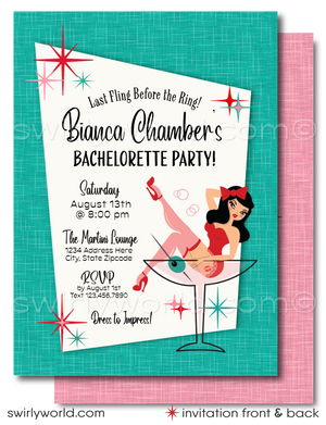 Step into the vibrant world of mid-century glamour with our Retro, Mid-Century Style Pin-up Girl "One Last Fling Before The Ring" Bachelorette Party Invitations and Thank You Cards, featuring a captivating retro pin-up girl, gracefully perched in a martini glass, embodying the spirit of 1950's pin-up charm. In splendid retro colors of powder pink, red, and aqua blue, surrounded by retro starbursts.