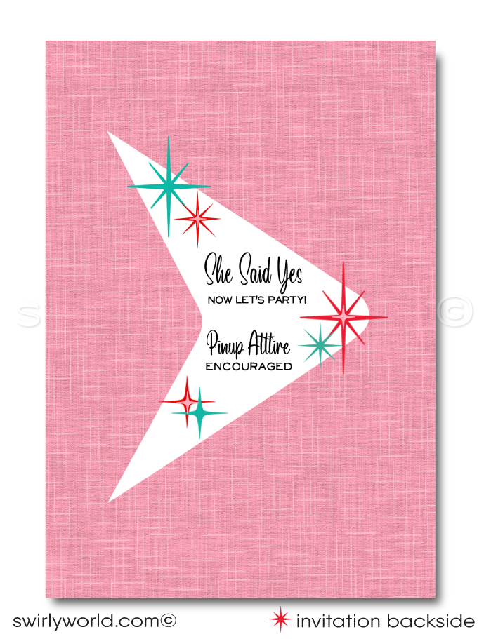 Step into the vibrant world of mid-century glamour with our Retro, Mid-Century Style Pin-up Girl "One Last Fling Before The Ring" Bachelorette Party Invitations and Thank You Cards, featuring a captivating retro pin-up girl, gracefully perched in a martini glass, embodying the spirit of 1950's pin-up charm. In splendid retro colors of powder pink, red, and aqua blue, surrounded by retro starbursts.