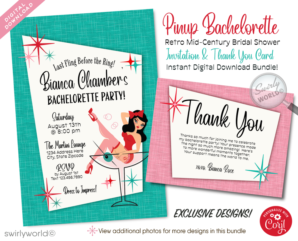 Step into the vibrant world of mid-century glamour with our Retro, Mid-Century Style Pin-up Girl "One Last Fling Before The Ring" Bachelorette Party Invitations and Thank You Cards, featuring a captivating retro pin-up girl, gracefully perched in a martini glass, embodying the spirit of 1950's pin-up charm. In splendid retro colors of powder pink, red, and aqua blue, surrounded by retro starbursts.