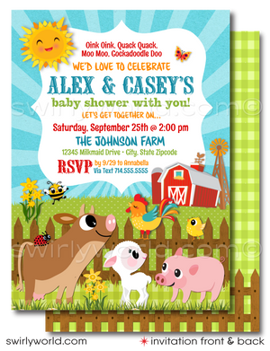 Invite joy with Swirly World's Farmer's Barnyard Baby Shower Invitation! Featuring a cow, lamb, pig, bee, and ladybug, this gender-neutral digital download sets a festive farm atmosphere. Includes invitations, thank you cards, and envelopes, all customizable for a charming celebration of your little one.