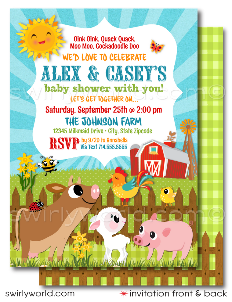 Invite joy with Swirly World's Farmer Barnyard Baby Shower Invitation set! Featuring a cow, lamb, pig, bee, and ladybug, this gender-neutral printed invitation sets a festive farm atmosphere. Includes invitations, thank you cards, and envelopes, all customizable for a charming celebration of your little one.